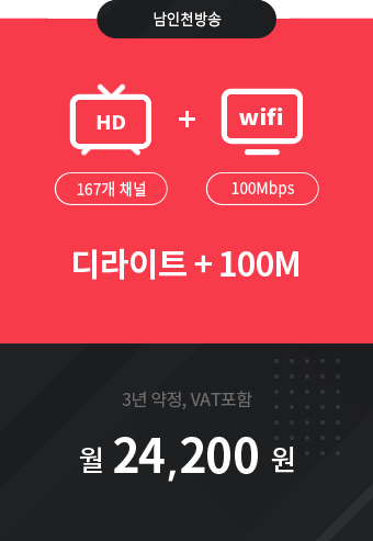 디라이트HD 167채널 + 인터넷 100M 24,200원
