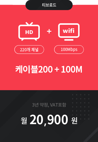 HD케이블200 220채널 + 인터넷 100M 20,900원